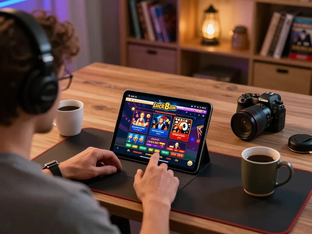 Engaged player on luck8com enjoying an online casino game at home.