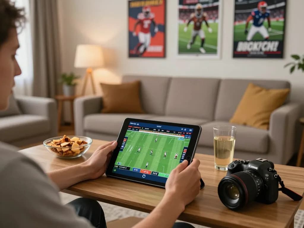 A person engaged in sports betting using keonhacaii88 app on a tablet in a cozy setting.