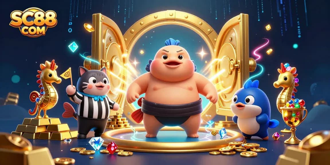 Win big at SC88 COM with thrilling 3D illustration of an underwater casino scene full of vibrant characters.