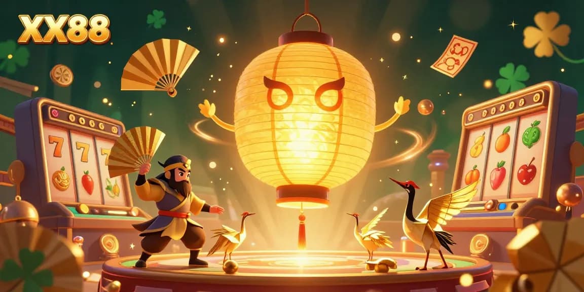 Experience the vibrant gambling world of XX88 with a captivating golden lantern spirit surrounded by dynamic casino elements.