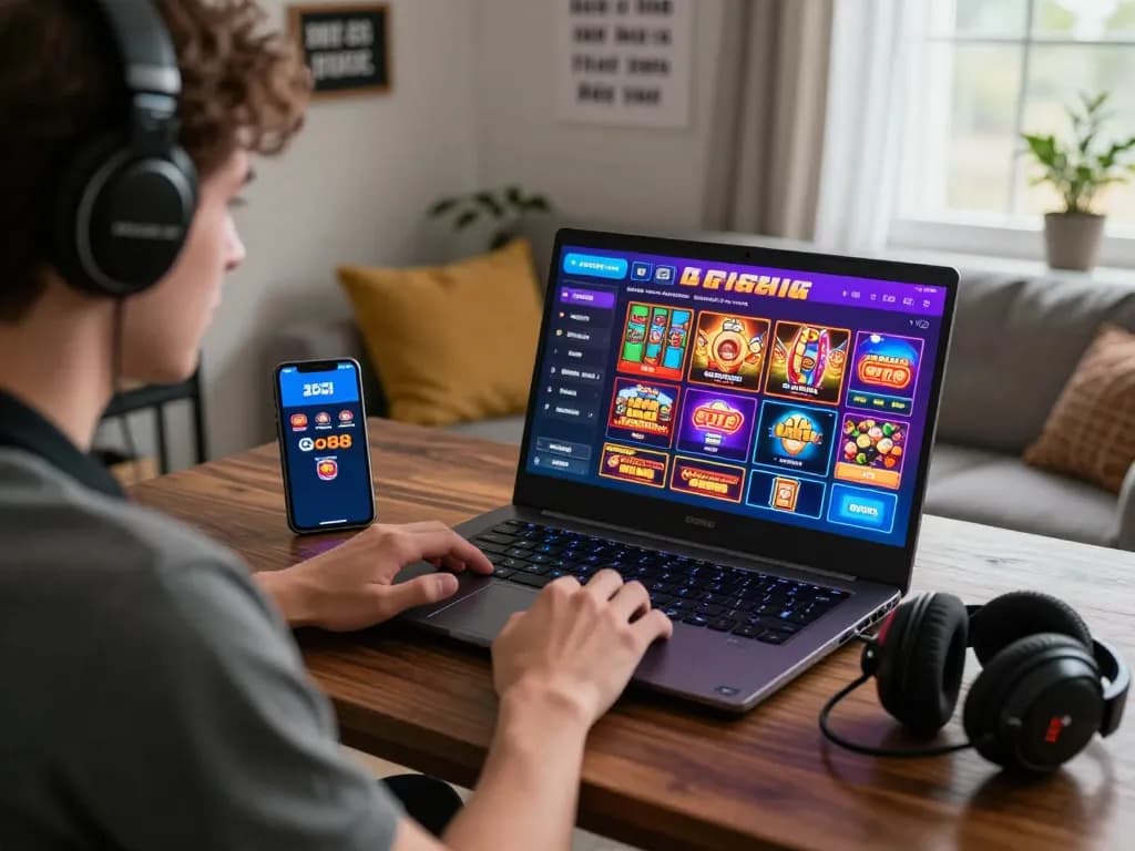 Player enjoying diverse games on go-88.us.com in a vibrant online gaming setup with colorful lights and modern tech.