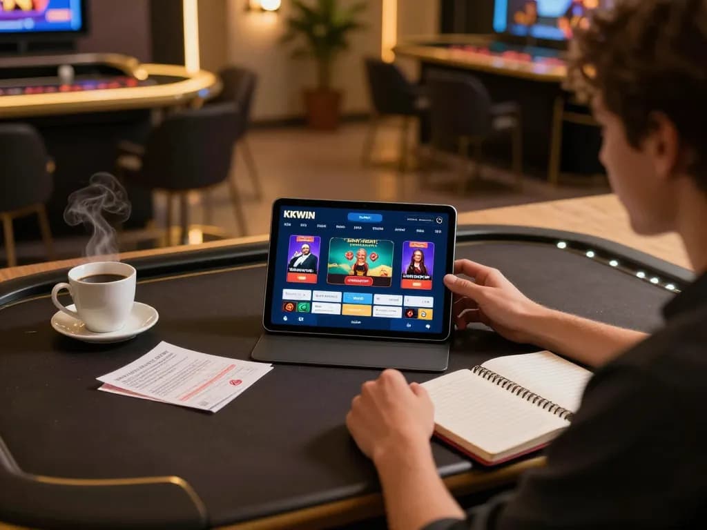 Player using the KKWIN app for online casino gaming while reviewing strategy notes at home.