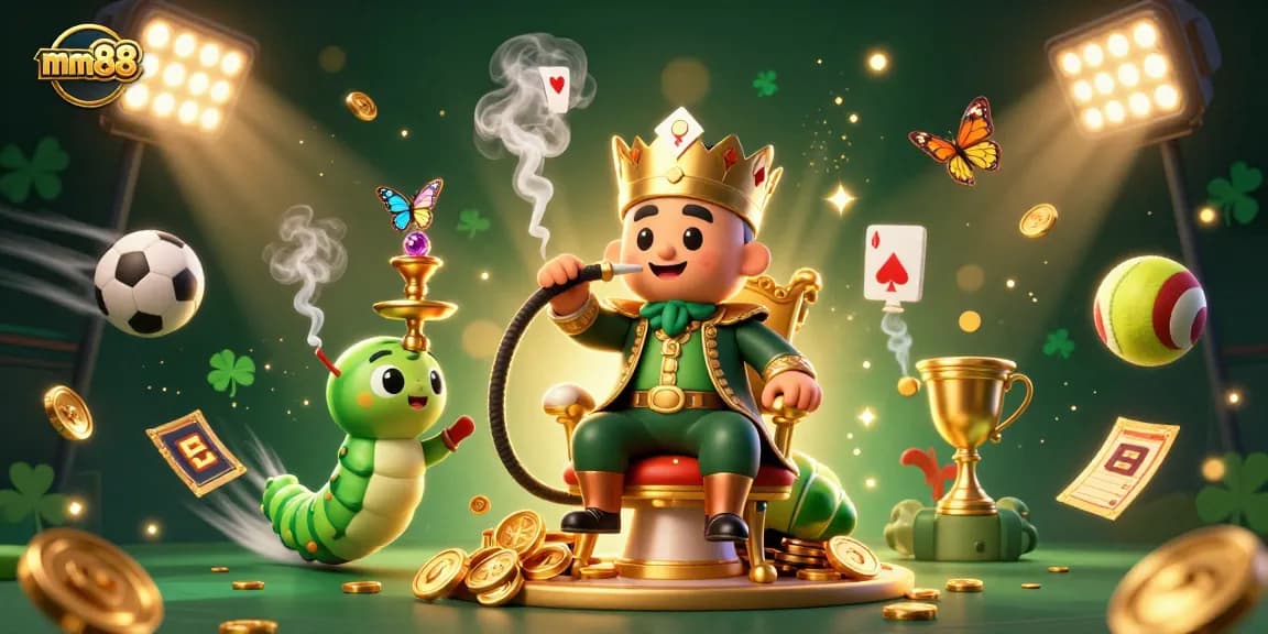 Engage with mm88's vibrant casino scene featuring dynamic sports balls, a lavish caterpillar character, and sparkling elements.