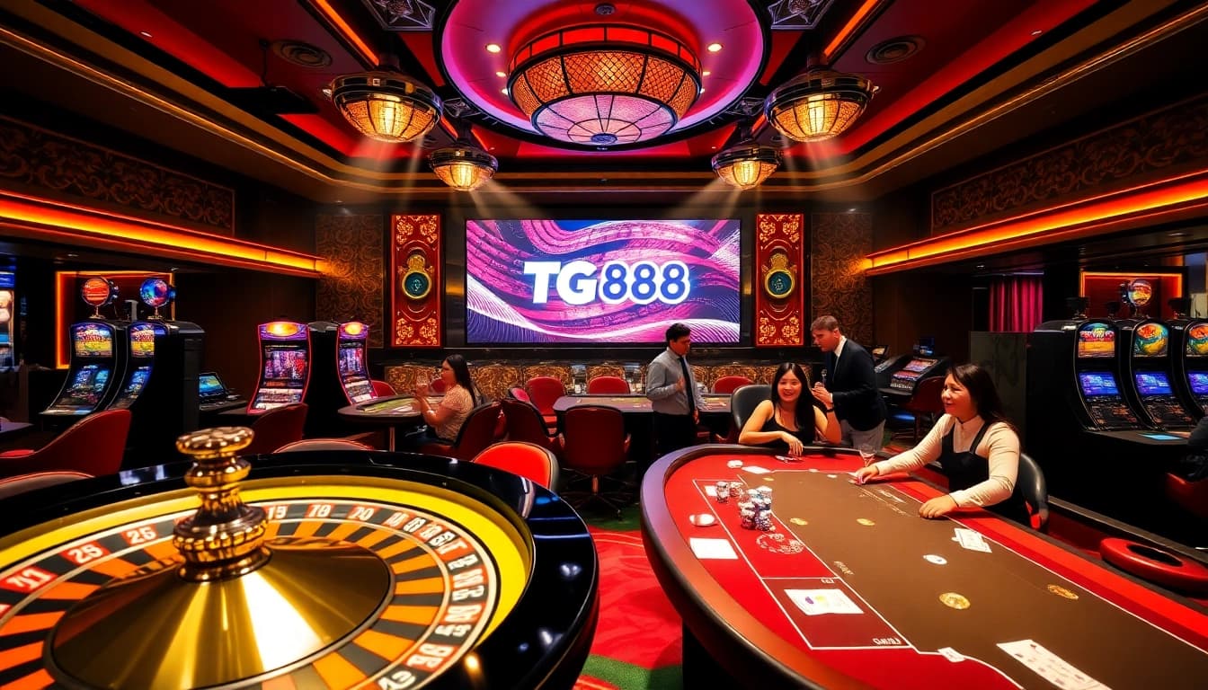 Players experiencing excitement at TG888 casino with vibrant roulette wheel and slot machines.
