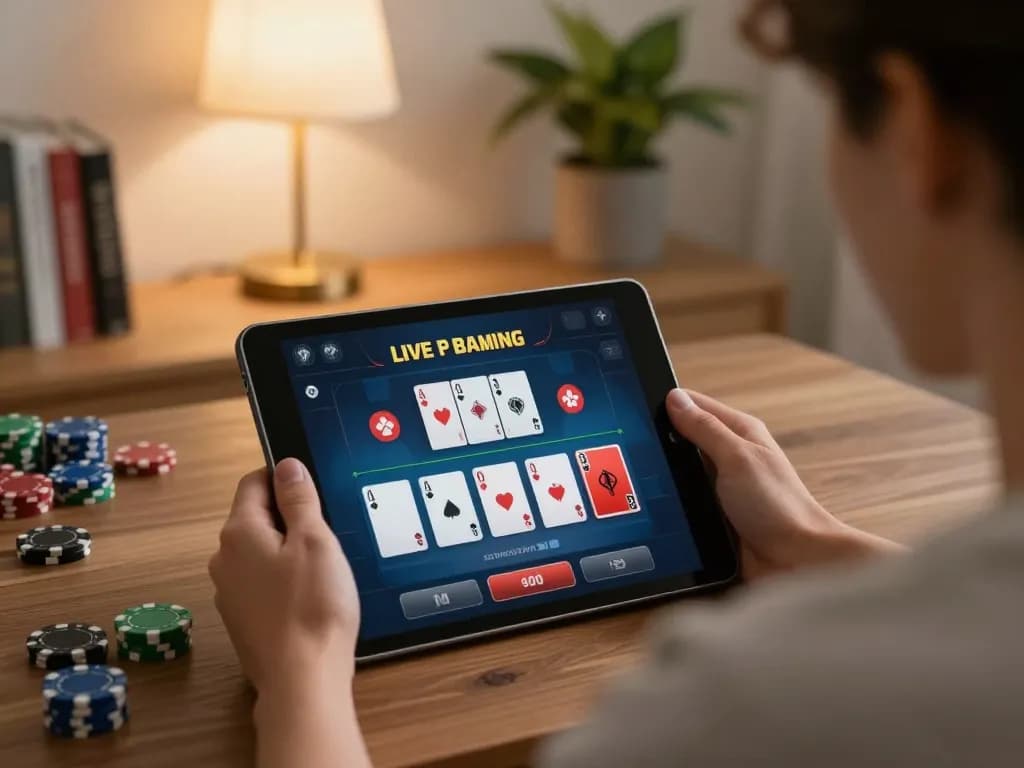 Engaging live casino gameplay on Sv368, showcasing player interaction with cards and chips in a cozy home setting.