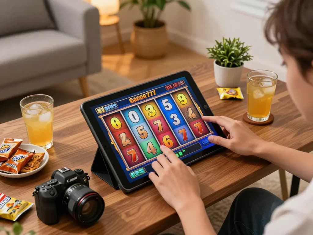 Playing slot gacor 777 on a tablet surrounded by snacks in a cozy living room.