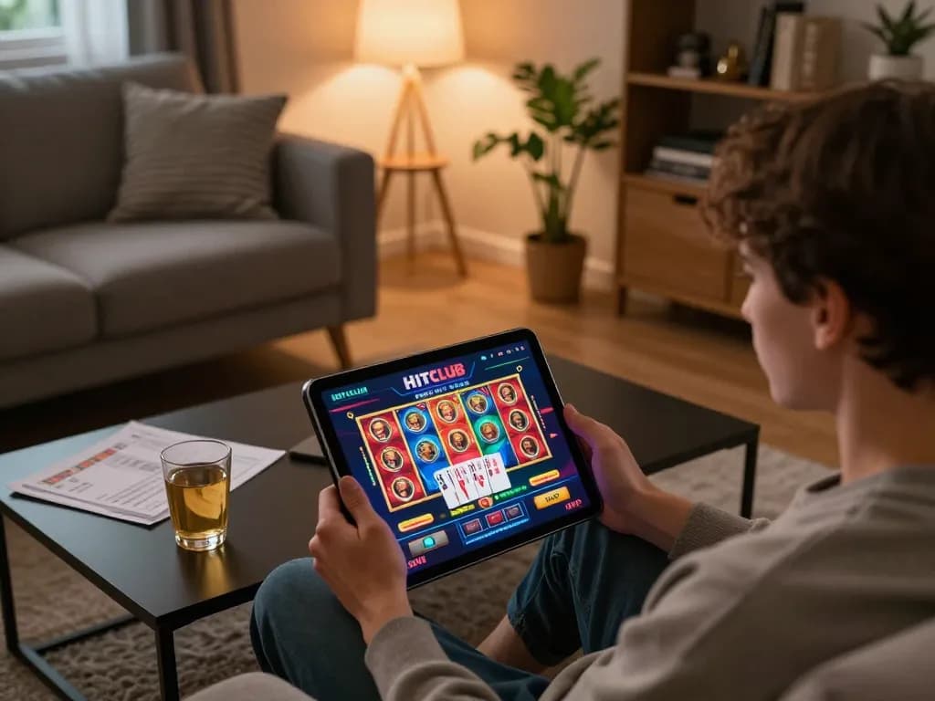 HITCLUB gaming experience at home with a player engaged on a tablet, enjoying vibrant slots.