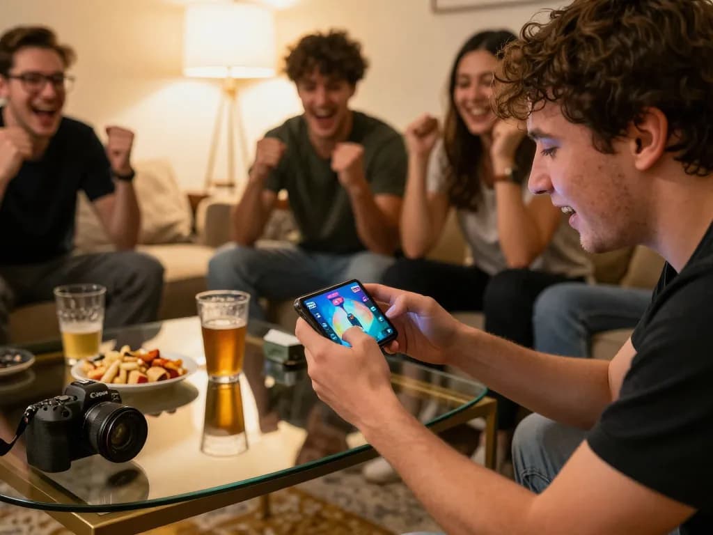 Player engaging in esports betting on 79sodo with smartphone in lively home setup
