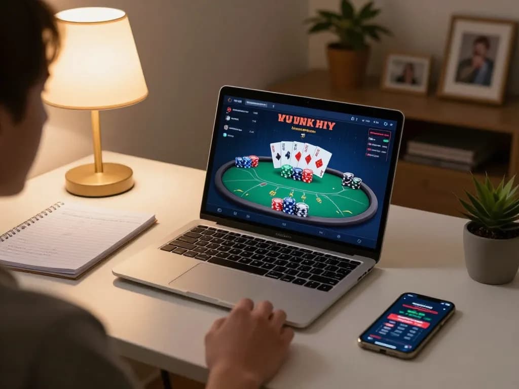 gamebaidoithuong8 online poker gaming setup showing player analyzing strategies and betting