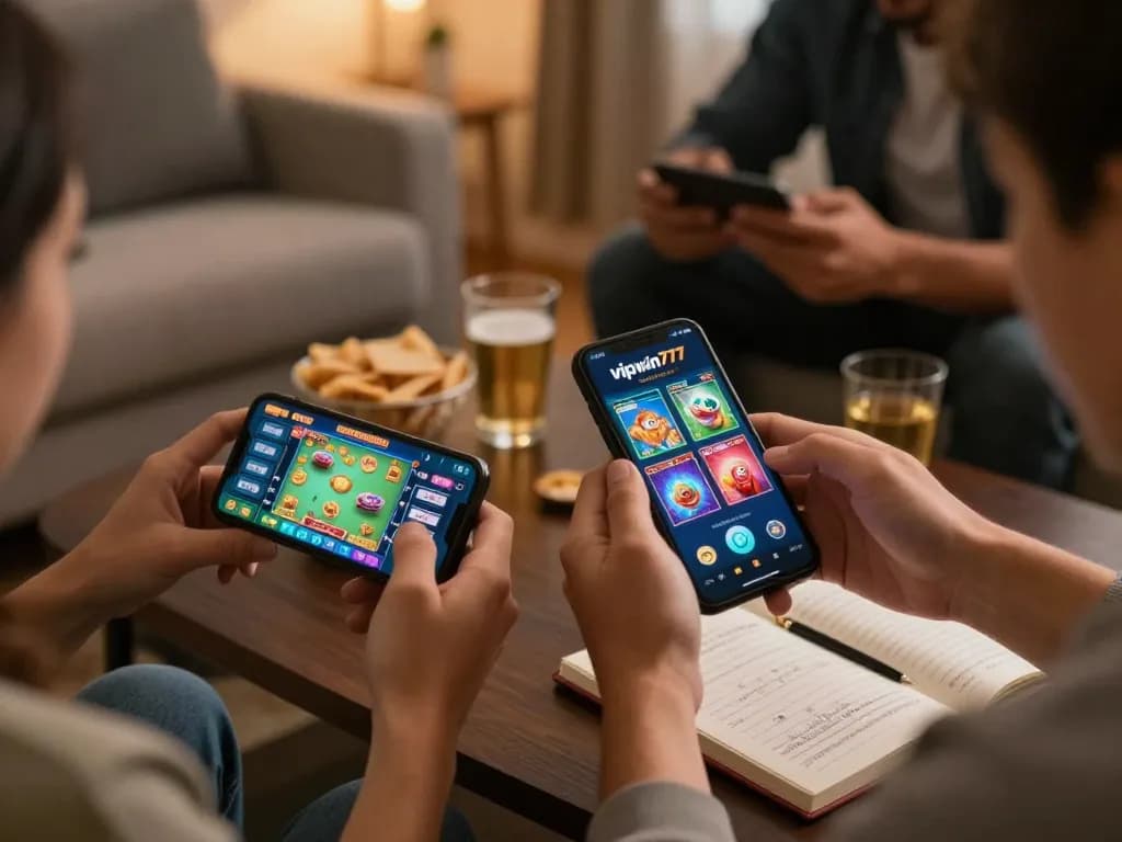 Engaged player using vipwin777 casino app on smartphone in a cozy home setting