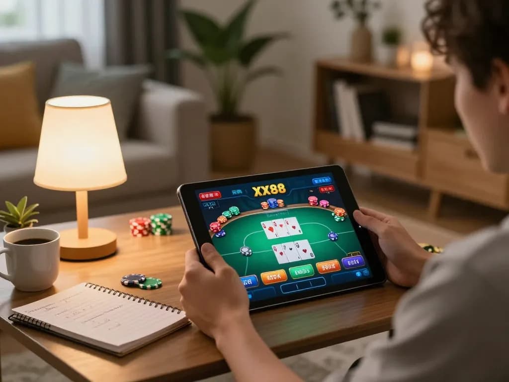 Engaged player exploring XX88 casino games on a tablet in a cozy living room setting.