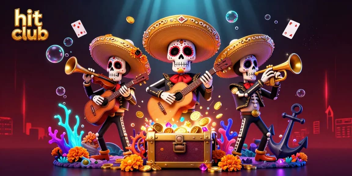 Engage your luck at hit club with a vibrant scene of skeleton mariachi musicians and dazzling casino elements.