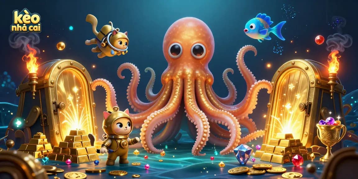 Engage with kèo nhà cái in a thrilling treasure dive featuring a kraken and diving cat!