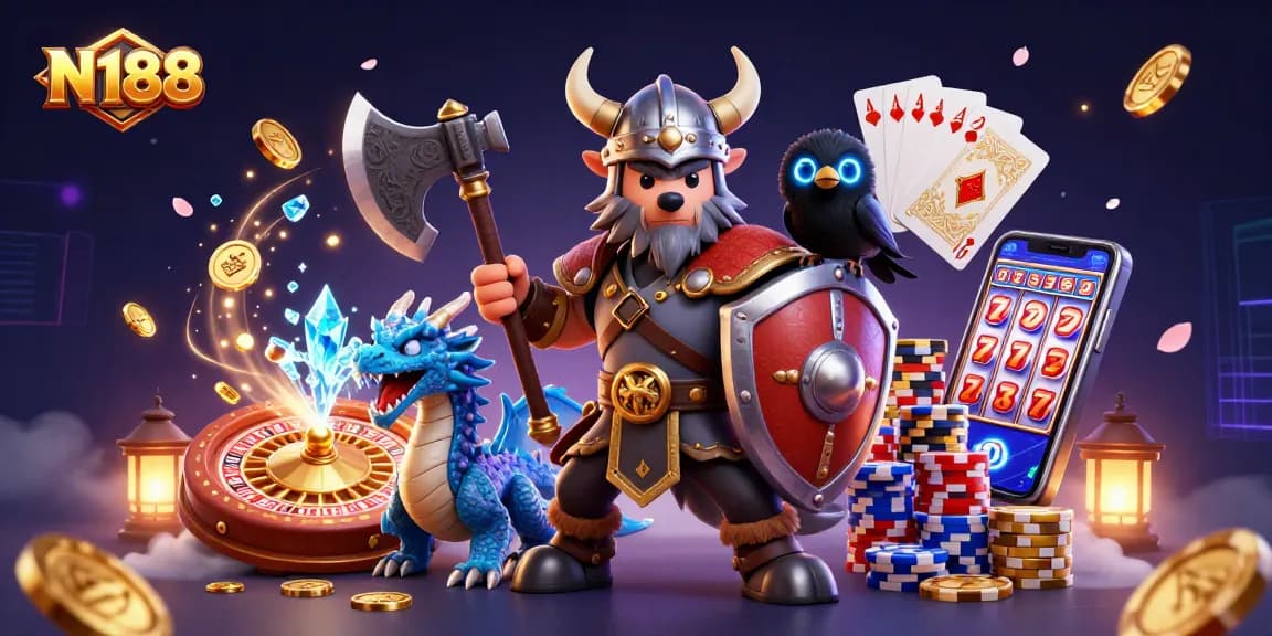 N188 captivates players with a Viking warrior and dragon in an epic casino scene filled with gold coins and poker chips.