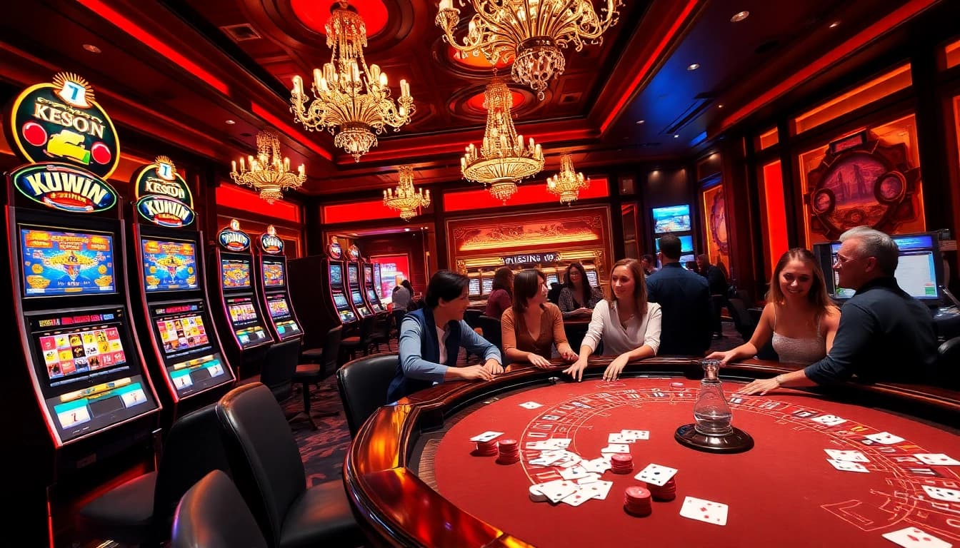 Experience excitement with KUWIN at a vibrant casino featuring slot machines and roulette.
