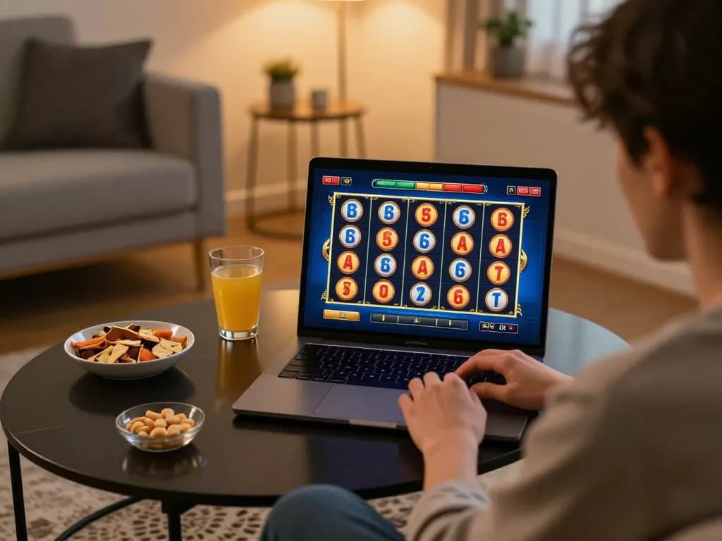 Pemain tenggelam dalam permainan slot toto yang mendebarkan di laptop, menunjukkan permainan online yang strategis.