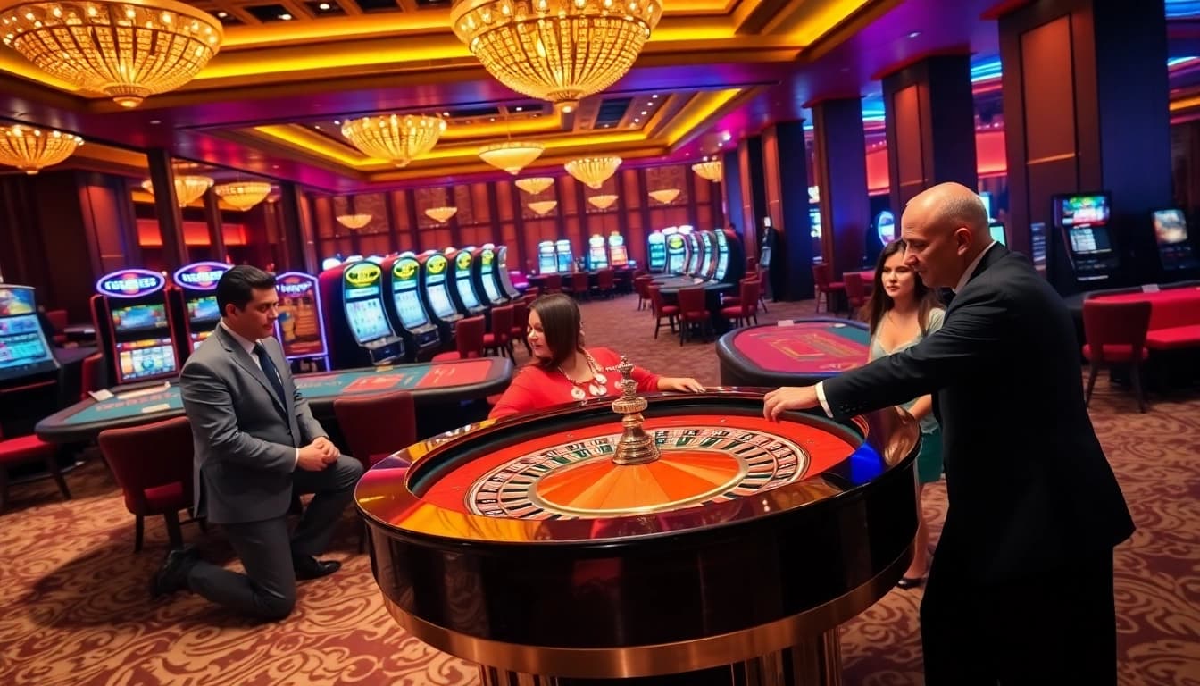 Players engaging at an HB88 roulette table in a vibrant casino atmosphere.
