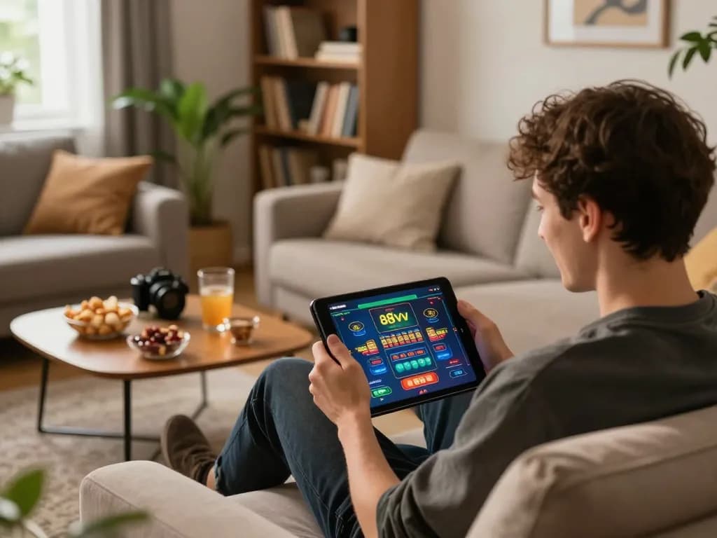 Player enjoying their favorite games on the 88vv app in a cozy home setting, highlighting responsible gambling
