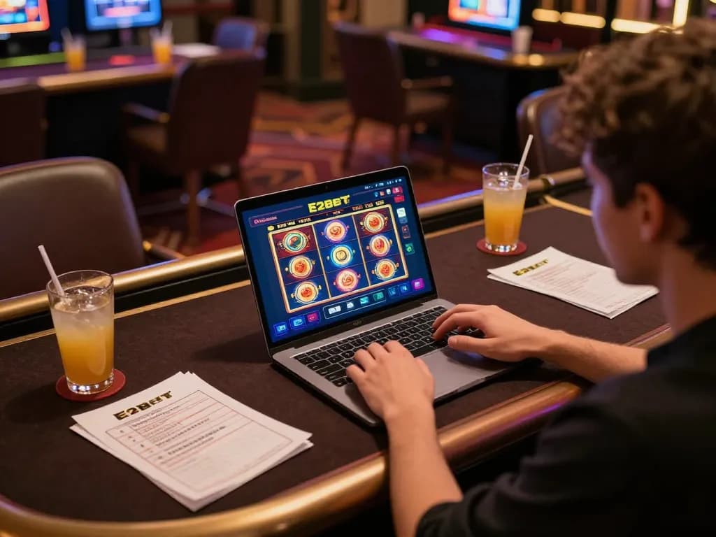 Player engaging with E2bet casino app on laptop at a stylish gaming setup, highlighting online gaming excitement.