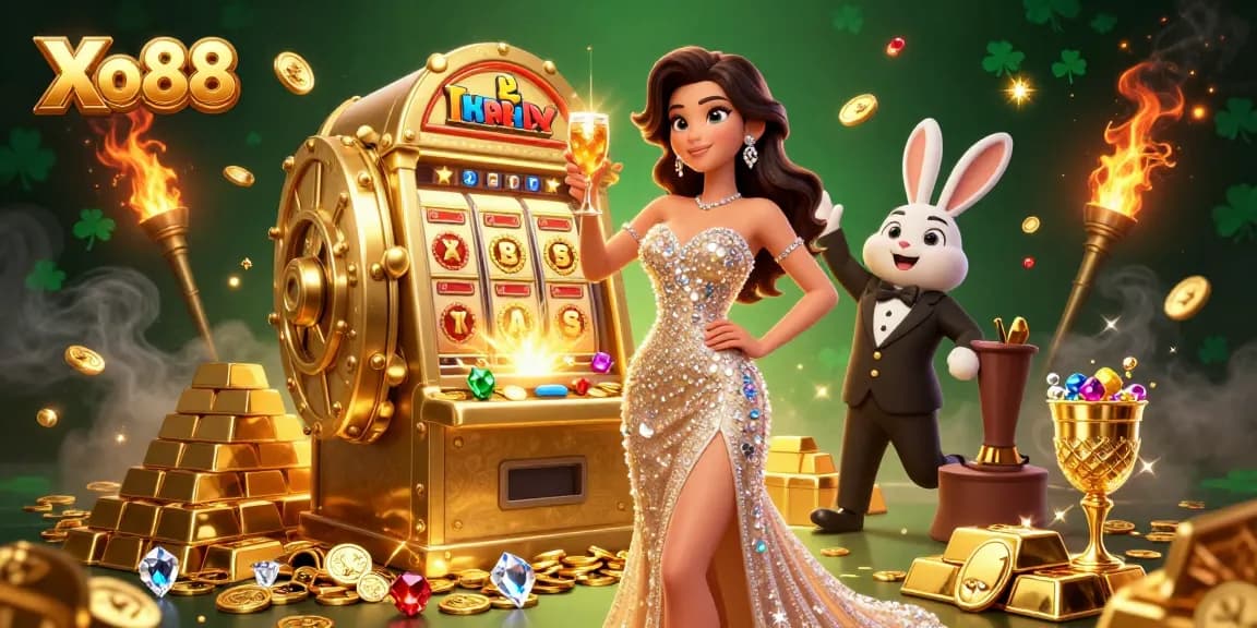 Xo88 showcases an elegant celebration next to a golden jackpot slot machine, surrounded by riches and excitement.