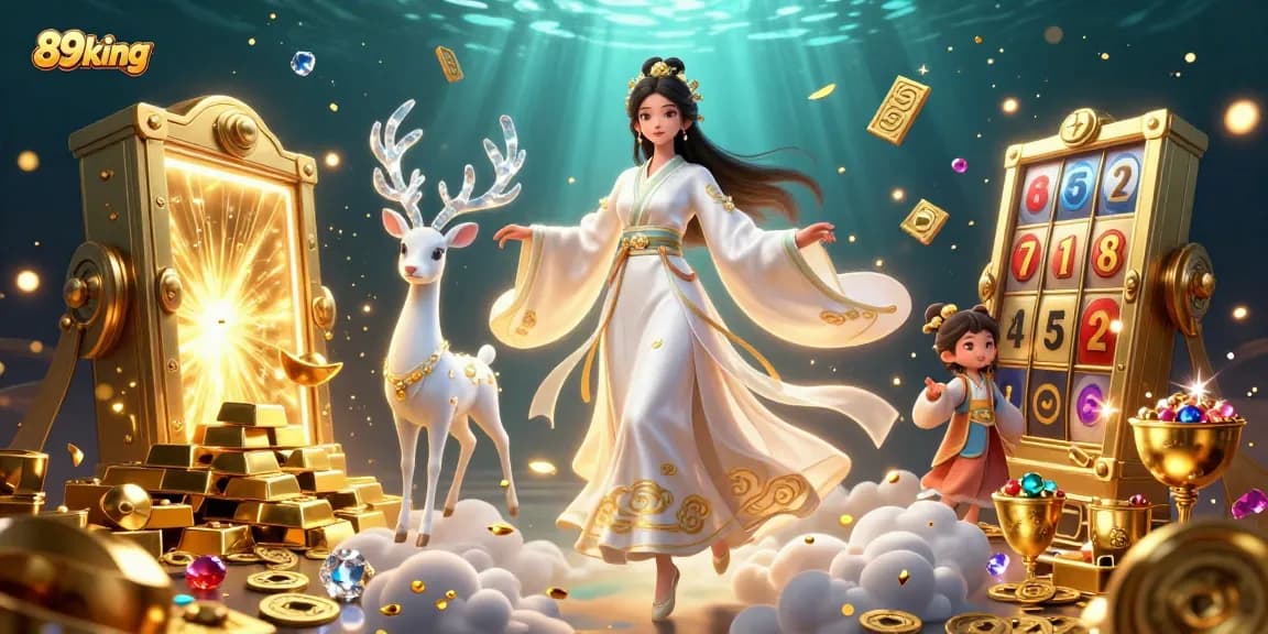 Experience the thrill of winning at 89king with a vibrant online casino illustration showcasing slot reels and treasures.