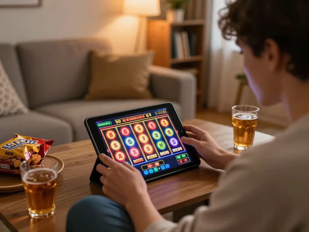 Engaging in online slots at https://www.atqvn.com/ with vibrant graphics and snacks during a cozy gaming night.