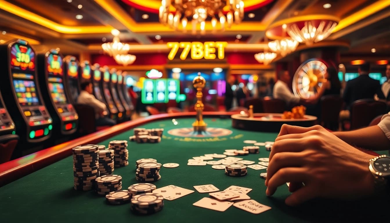 Experience the thrill of the casino at 77BET with high-stakes poker chips and vibrant slot machines.