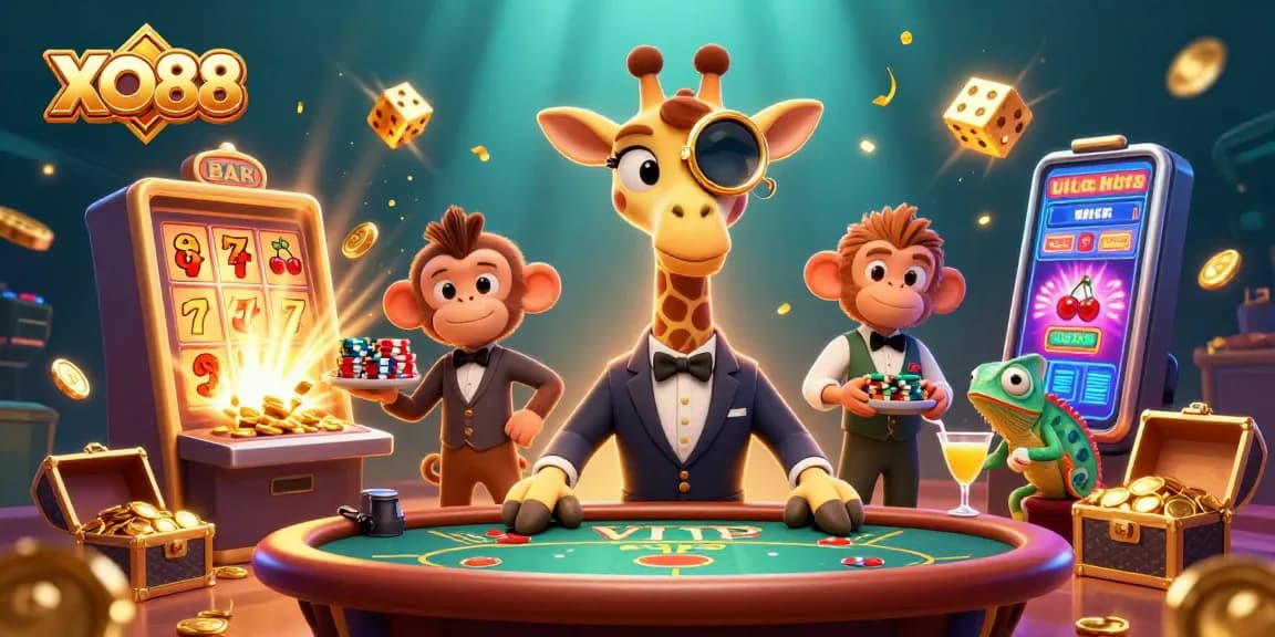 Experience thrilling gaming action at XO88 with vibrant casino elements and animated characters.