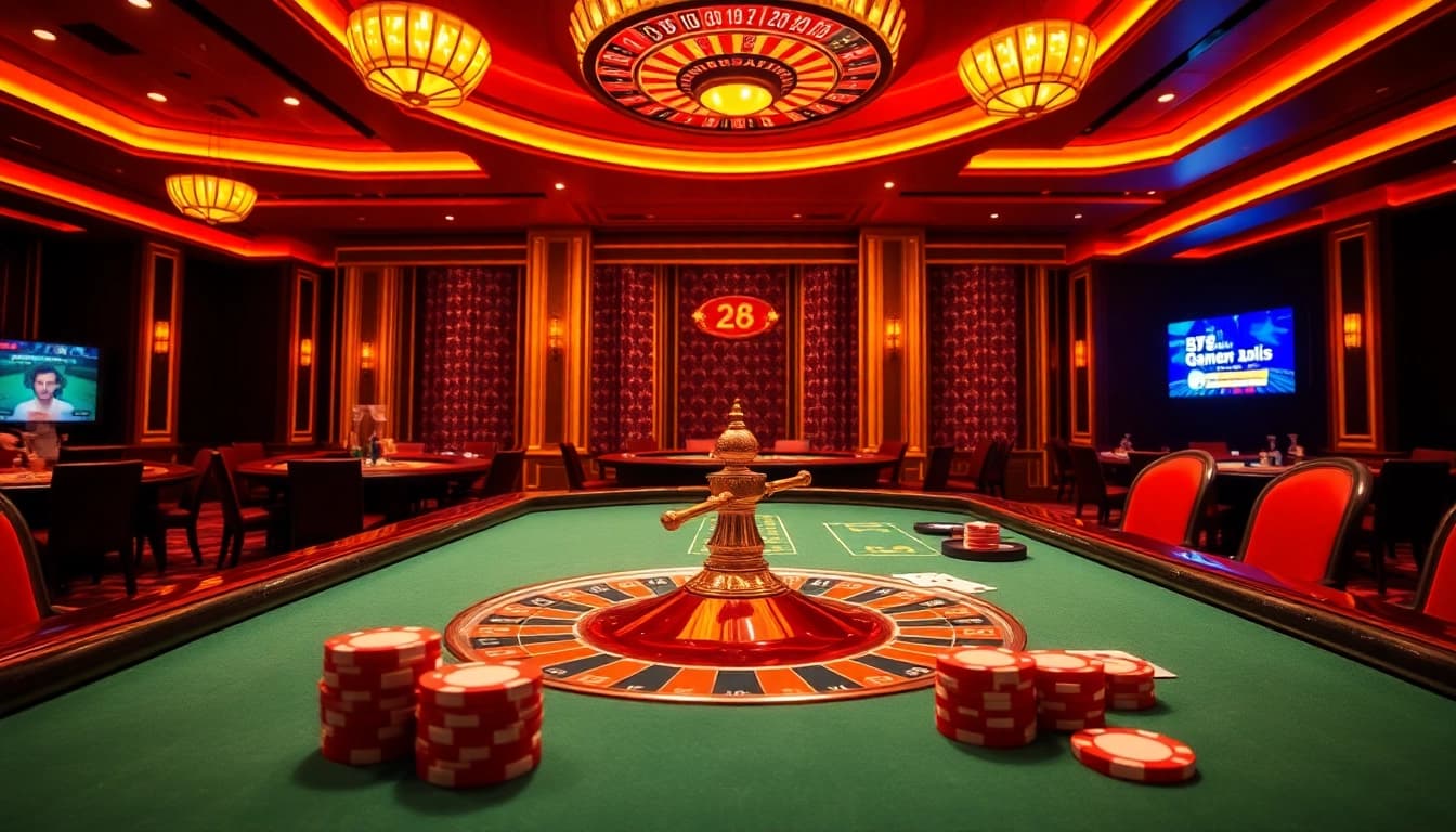 Experience the thrill of gambling at https://88new.autos/, featuring a luxurious casino scene with roulette and poker.