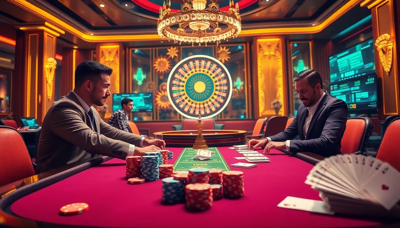 Players enjoying thrilling games at xn88com online casino, featuring poker chips and roulette wheel.