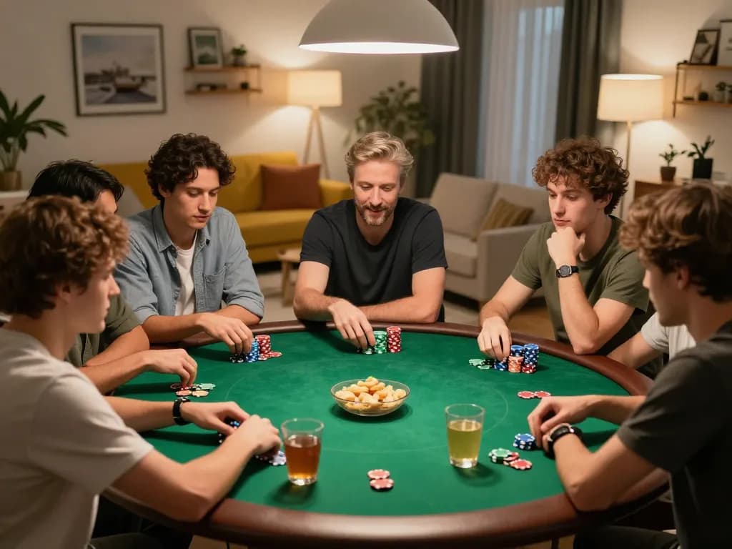 Enjoying an exciting poker game at home with friends, showcasing thrilling moments at 789winn.click.