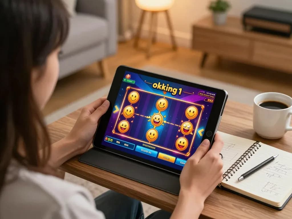 Engage with okking1 by playing exciting slots on a tablet in a cozy home setting.