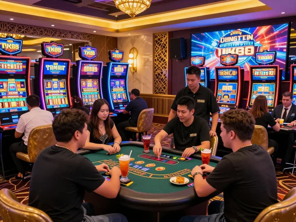 Exciting gaming atmosphere at tk88 online casino, featuring diverse players engaged in live dealer games and vibrant slot machines.