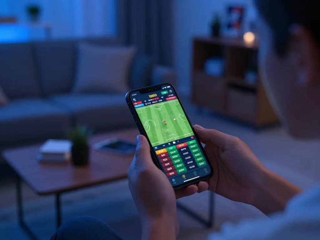 Engaged player using ug88 mobile app for live sports betting, showcasing real-time odds and game statistics.