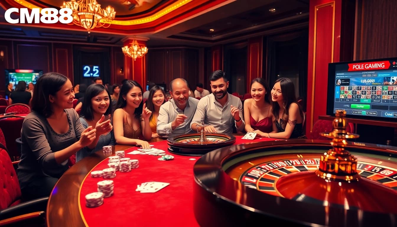 Engage in the thrilling experience of đăng ký CM88 at a luxurious casino featuring poker chips, cards, and a roulette wheel.