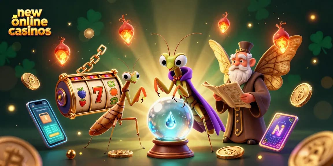 Play at new online casinos featuring 3D cartoon characters, slot reels, and vibrant cryptocurrency elements.