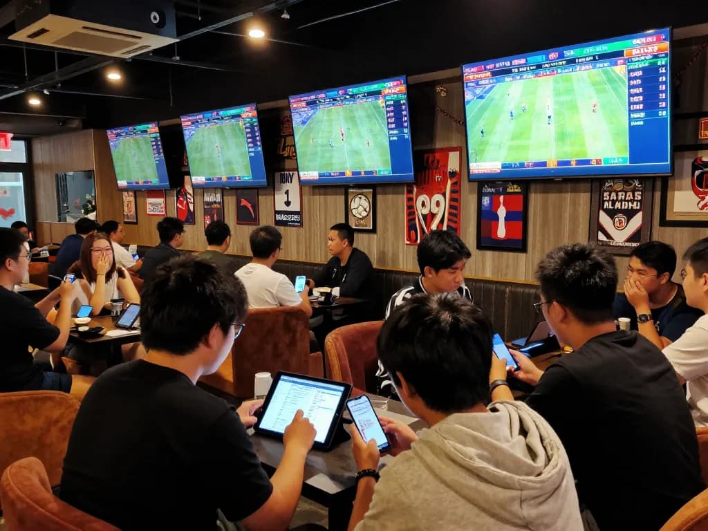 Players engage in sports betting strategies at nk88, analyzing live odds on multiple screens.