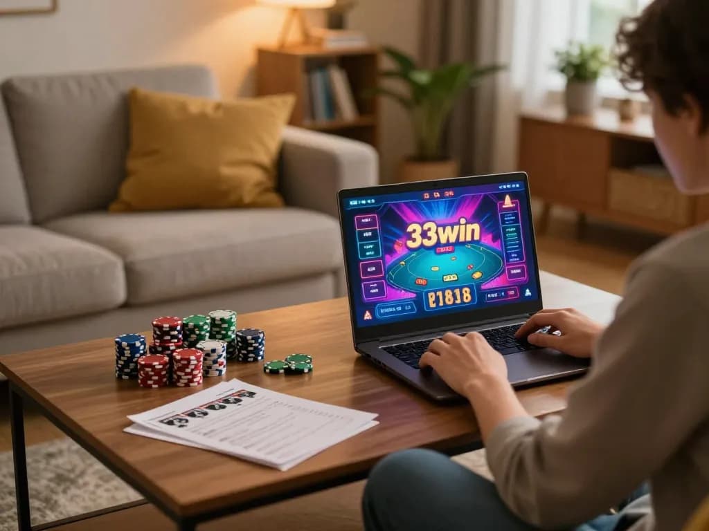 Experience the thrill of online poker with 33win in a cozy home setting.