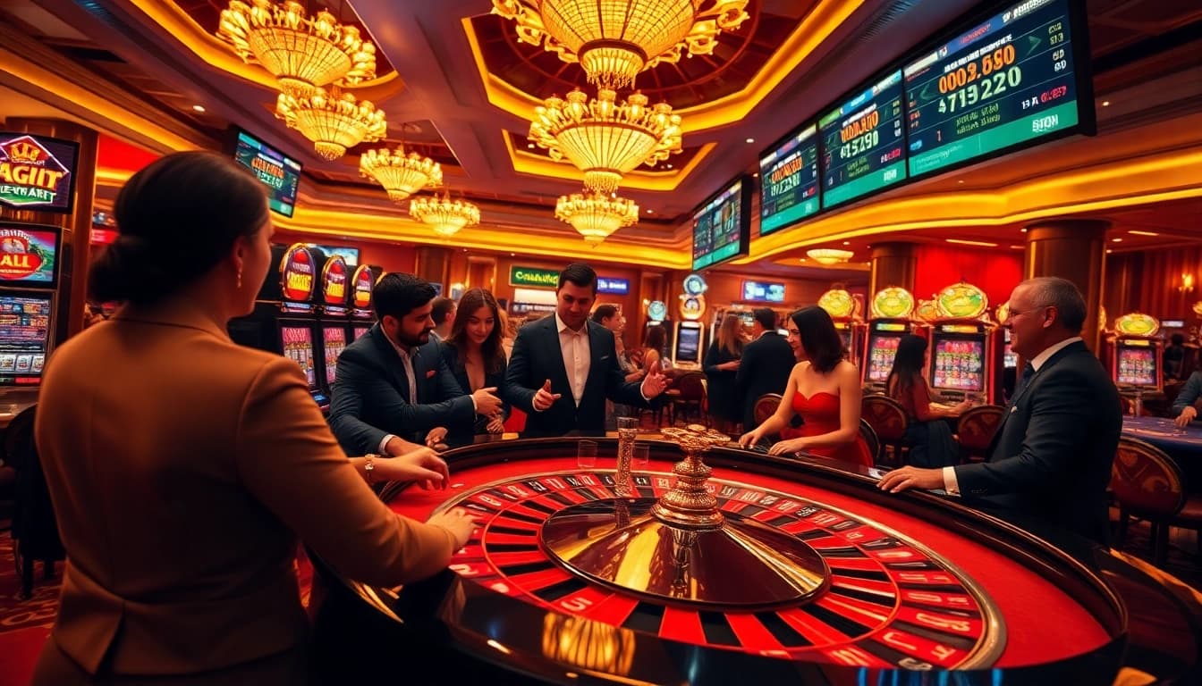 Exciting gambling scene at Haywin showcasing roulette, poker chips, and enthusiastic players.