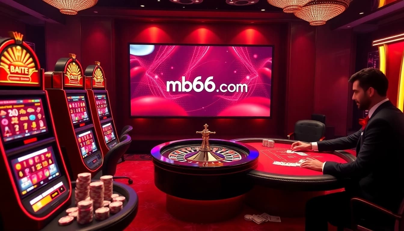 Engage in thrilling gameplay at mb66-t.com with luxury casino visuals featuring cards, chips, and roulette.