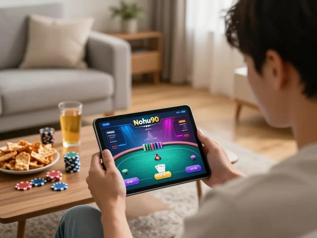 Nohu90 user plays poker online in a cozy living room, showcasing strategic gameplay.