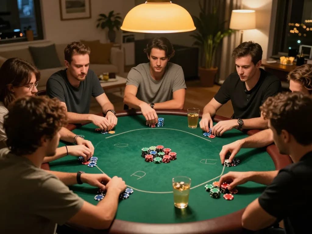 Players strategizing in a lively poker game at home, showcasing action and engagement in 98win01 atmosphere.