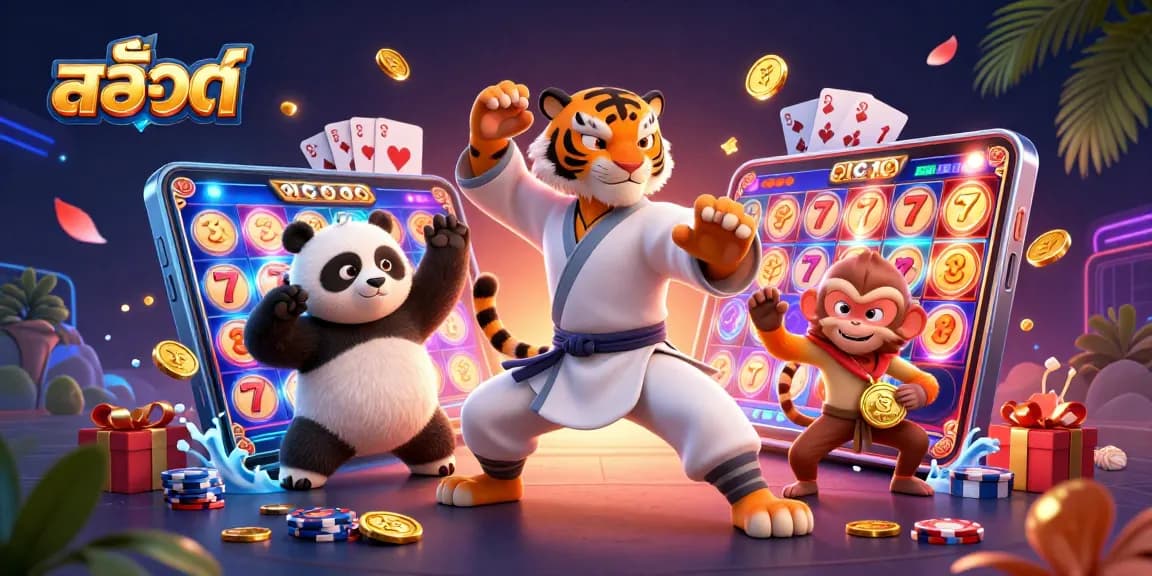 Spin to win with สล็อต featuring a kung fu tiger, playful panda, and cheeky monkey amidst vibrant casino elements.