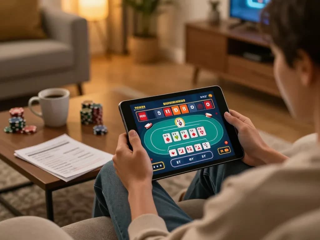 Engaging online poker gameplay at home with 789win tablet interface, warm and cozy atmosphere