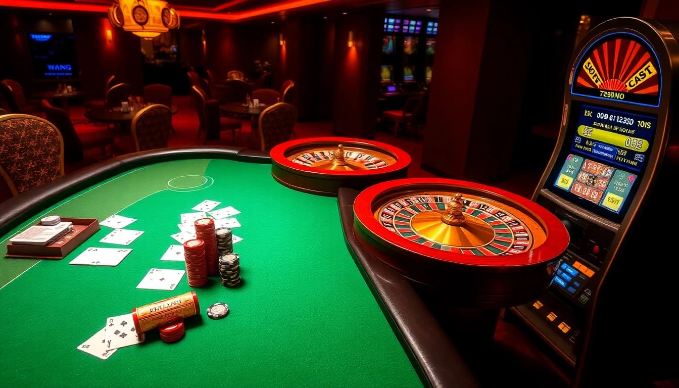 Experience excitement at trang chủ 789win with a vibrant online casino setting showcasing poker, roulette, and slot games.