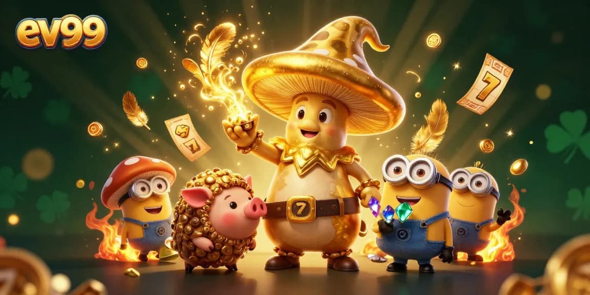 ev99 showcases a golden wizard and treasure-seeking pig in a vibrant casino scene.