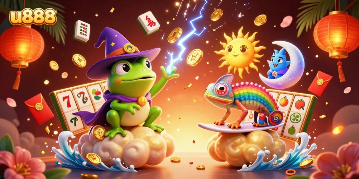 Join the fun at u888 as our weather wizard frog conjures golden winnings in this vibrant illustration.
