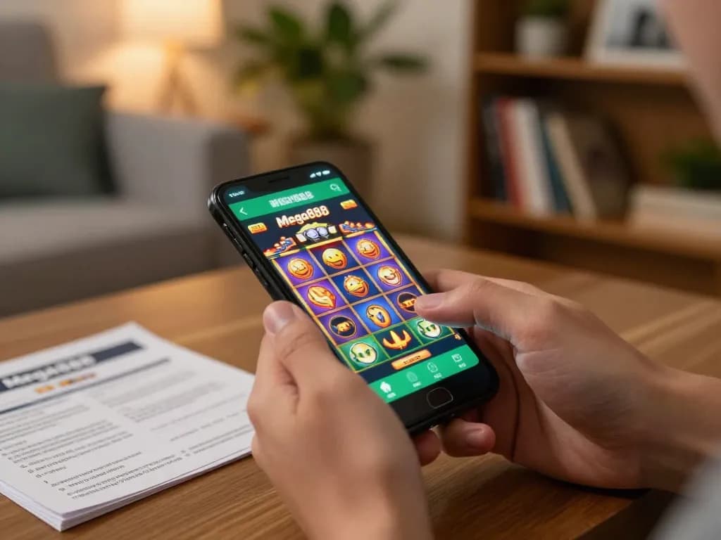 Player enjoying apk mega888 on smartphone in cozy living room with gaming strategy notes nearby