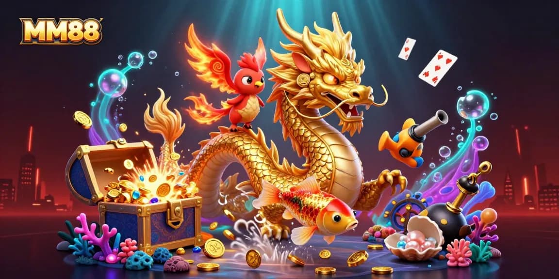 Experience excitement at MM88 with a dragon, phoenix, and koi fish amidst casino treasures