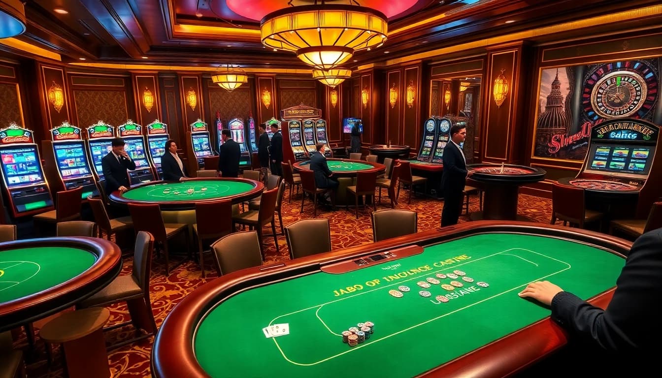 Casino players enjoying a vibrant poker game at JBO, surrounded by luxury tables and slot machines.